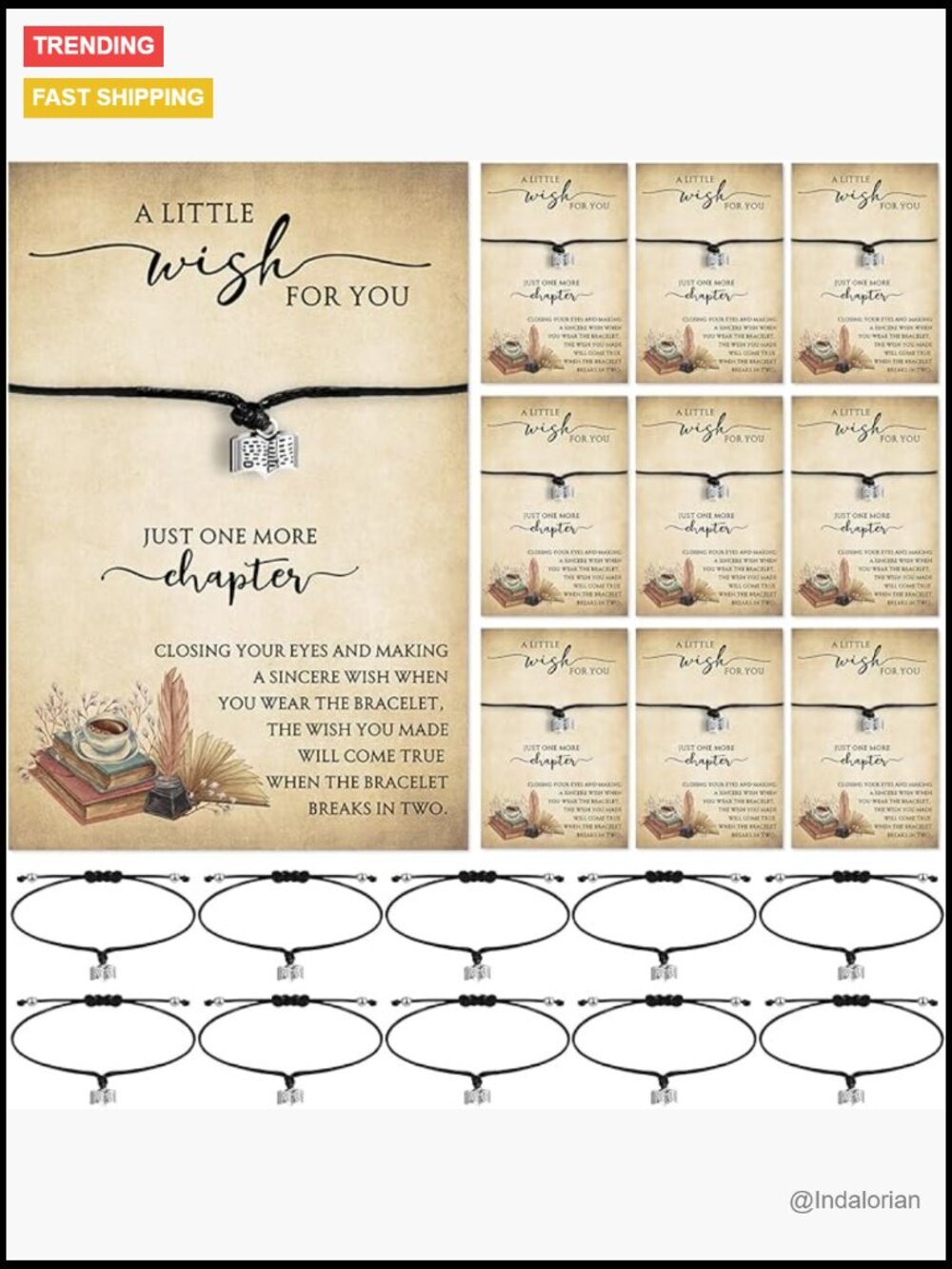 Book Lover Gifts Bracelet Set - 10 Pack Wax Thread Charm Bracelets with Wish